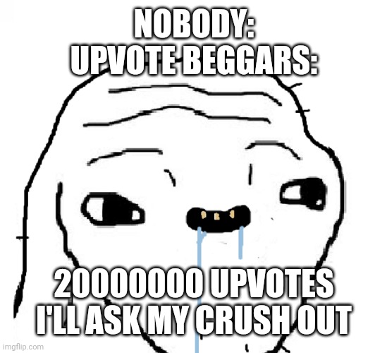 Get ready to be rejected, beggar. | NOBODY:
UPVOTE BEGGARS:; 20000000 UPVOTES I'LL ASK MY CRUSH OUT | image tagged in stupid face | made w/ Imgflip meme maker