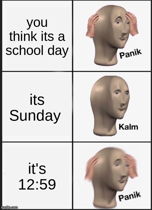 i hate school | you think its a school day; its Sunday; it's 12:59 | image tagged in memes,panik kalm panik | made w/ Imgflip meme maker