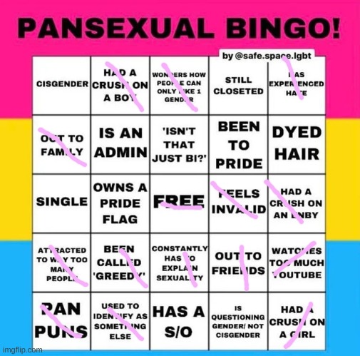 "I didn't come out of the closet, I came out of the cabinet with all the other pans!" | image tagged in pansexual bingo,bad pun im sorry | made w/ Imgflip meme maker