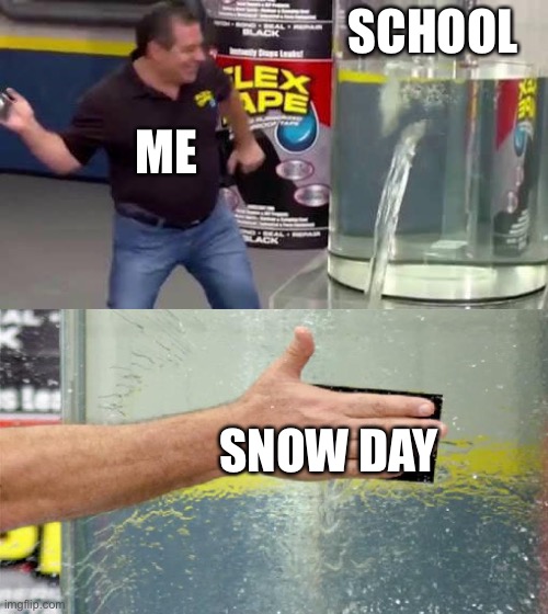 Snow day | SCHOOL; ME; SNOW DAY | image tagged in flex tape | made w/ Imgflip meme maker