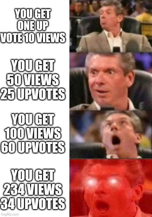 Mr. McMahon reaction | YOU GET ONE UP VOTE 10 VIEWS; YOU GET 50 VIEWS 25 UPVOTES; YOU GET 100 VIEWS 60 UPVOTES; YOU GET 234 VIEWS 34 UPVOTES | image tagged in mr mcmahon reaction | made w/ Imgflip meme maker