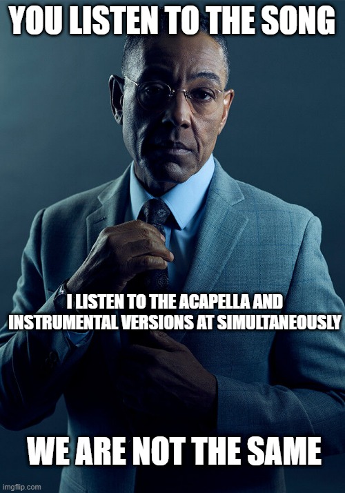 Image Title | YOU LISTEN TO THE SONG; I LISTEN TO THE ACAPELLA AND INSTRUMENTAL VERSIONS AT SIMULTANEOUSLY; WE ARE NOT THE SAME | image tagged in gus fring we are not the same,weird | made w/ Imgflip meme maker