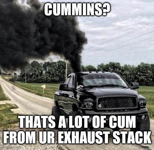 cummins  | CUMMINS? THATS A LOT OF CUM FROM UR EXHAUST STACK | image tagged in cummins | made w/ Imgflip meme maker