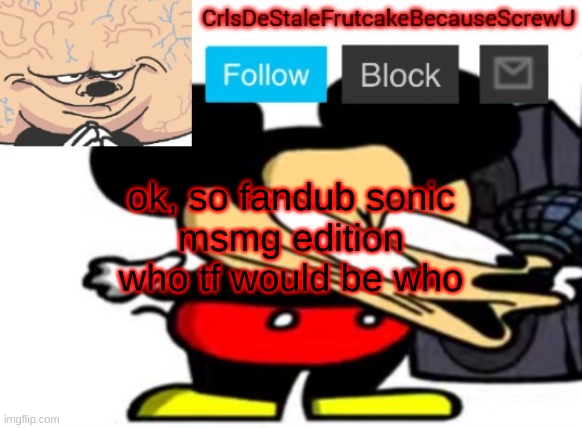 abingus | ok, so fandub sonic
msmg edition
who tf would be who | made w/ Imgflip meme maker