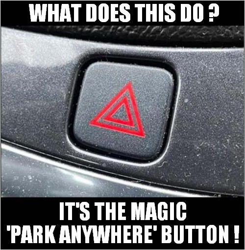 Why Not Try It And See What Happens ! | WHAT DOES THIS DO ? IT'S THE MAGIC 'PARK ANYWHERE' BUTTON ! | image tagged in warning,button,challenge | made w/ Imgflip meme maker