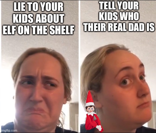 Elf on the shelf | TELL YOUR KIDS WHO THEIR REAL DAD IS; LIE TO YOUR KIDS ABOUT ELF ON THE SHELF | image tagged in kombucha girl | made w/ Imgflip meme maker
