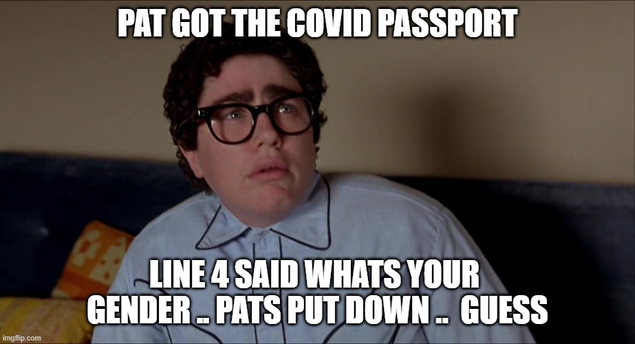IT's PAT | PAT GOT THE COVID PASSPORT; LINE 4 SAID WHATS YOUR  GENDER .. PATS PUT DOWN ..  GUESS | image tagged in guess what | made w/ Imgflip meme maker