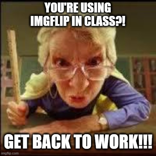 Angry Teacher | YOU'RE USING IMGFLIP IN CLASS?! GET BACK TO WORK!!! | image tagged in angry teacher | made w/ Imgflip meme maker