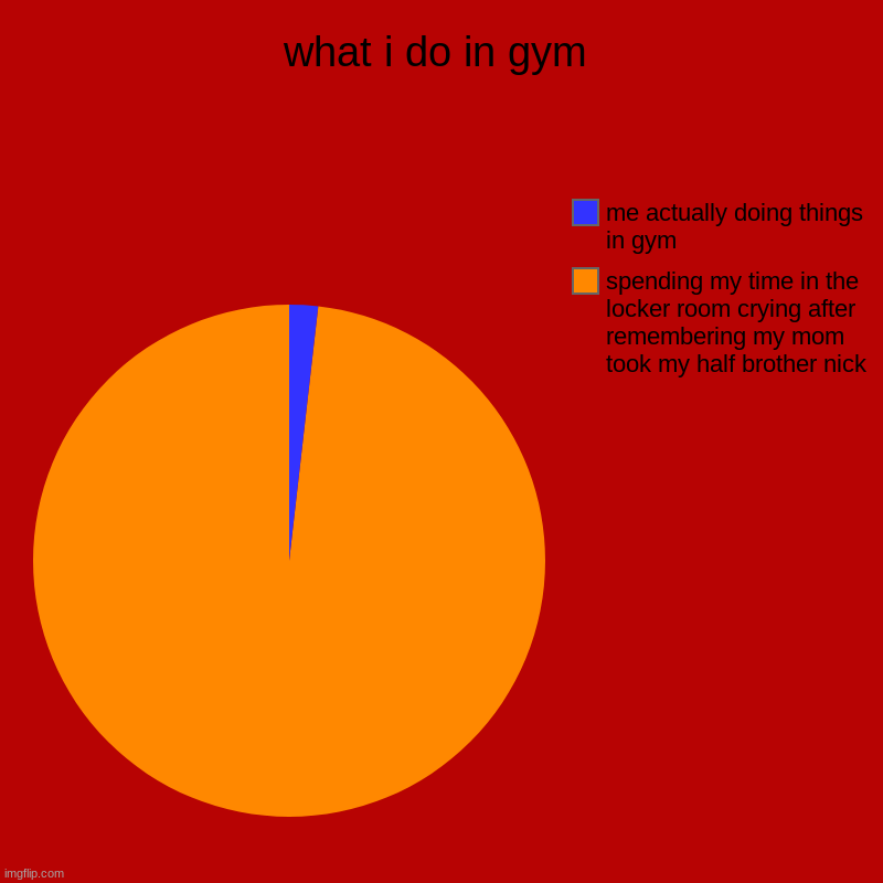 what i do in gym | spending my time in the locker room crying after remembering my mom took my half brother nick, me actually doing things i | image tagged in charts,pie charts | made w/ Imgflip chart maker