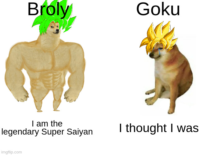 Bruh | Broly; Goku; I am the legendary Super Saiyan; I thought I was | image tagged in memes,buff doge vs cheems,bruh | made w/ Imgflip meme maker