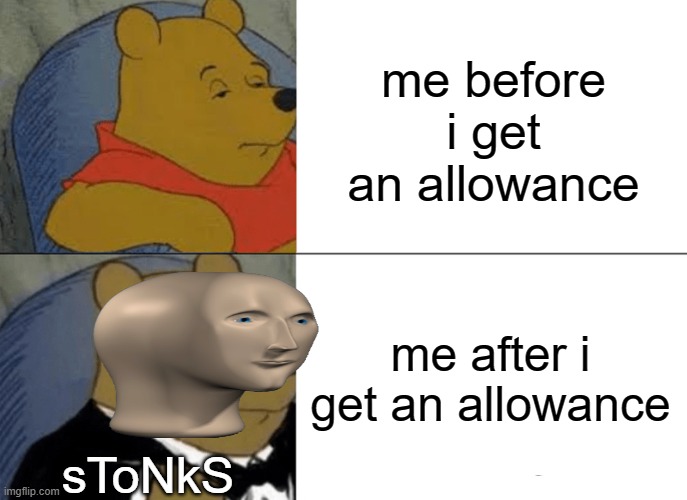 sToNkS winne the pooh | me before i get an allowance; me after i get an allowance; sToNkS | image tagged in memes,tuxedo winnie the pooh | made w/ Imgflip meme maker