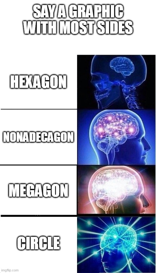 *untitled image* | SAY A GRAPHIC WITH MOST SIDES; HEXAGON; NONADECAGON; MEGAGON; CIRCLE | image tagged in memes,expanding brain | made w/ Imgflip meme maker