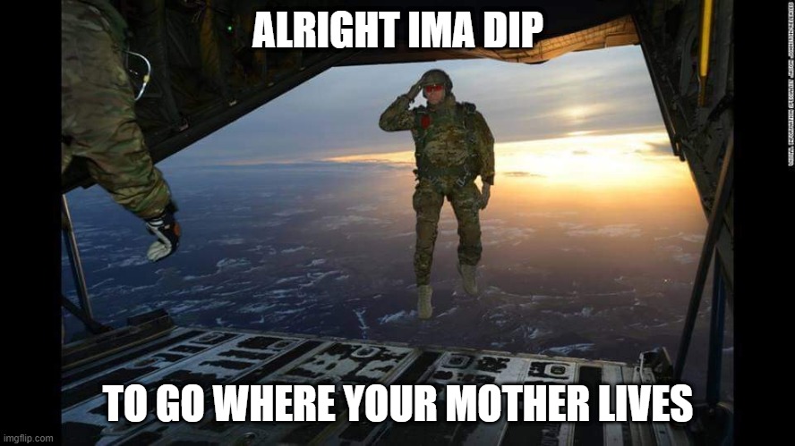 I ran-out of ideas |  ALRIGHT IMA DIP; TO GO WHERE YOUR MOTHER LIVES | image tagged in military skydive solute,how i met your mother | made w/ Imgflip meme maker
