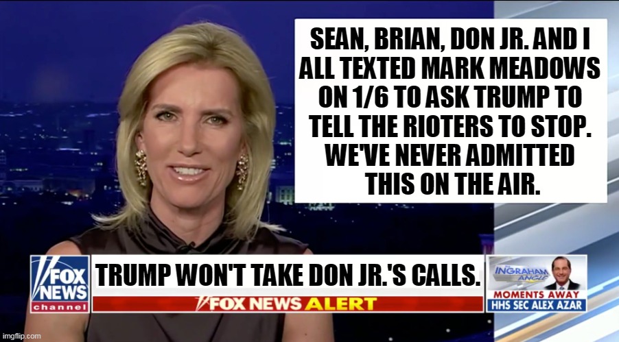 Now we're pretending it was a joke. It wasn't. It was a coup attempt against the Constitution. | SEAN, BRIAN, DON JR. AND I 
ALL TEXTED MARK MEADOWS 
ON 1/6 TO ASK TRUMP TO 
TELL THE RIOTERS TO STOP. 
WE'VE NEVER ADMITTED 
THIS ON THE AIR. TRUMP WON'T TAKE DON JR.'S CALLS. | image tagged in laura ingraham is a blank,sean hannity,donald trump jr,text,mark meadows,riot | made w/ Imgflip meme maker