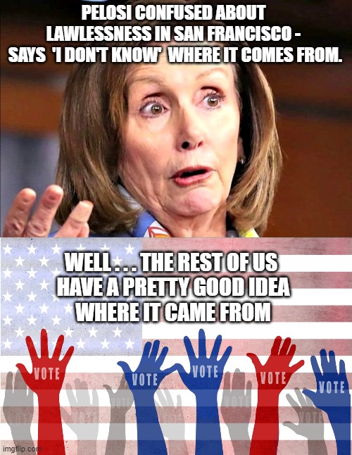 Follow The Votes | PELOSI CONFUSED ABOUT LAWLESSNESS IN SAN FRANCISCO -
 SAYS  'I DON'T KNOW'  WHERE IT COMES FROM. WELL . . . THE REST OF US
 HAVE A PRETTY GOOD IDEA
 WHERE IT CAME FROM | image tagged in pelosi,liberals,democrats,the squad,biden,antifa | made w/ Imgflip meme maker