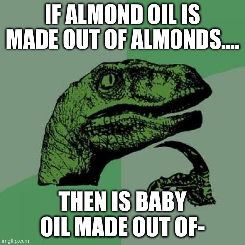 Rut Roh...... |  IF ALMOND OIL IS MADE OUT OF ALMONDS.... THEN IS BABY OIL MADE OUT OF- | image tagged in philosoraptor,dumb meme | made w/ Imgflip meme maker