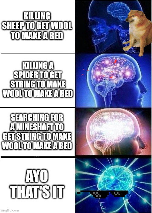 Make a bed | KILLING SHEEP TO GET WOOL TO MAKE A BED; KILLING A SPIDER TO GET STRING TO MAKE WOOL TO MAKE A BED; SEARCHING FOR A MINESHAFT TO GET STRING TO MAKE WOOL TO MAKE A BED; AYO THAT'S IT | image tagged in memes,expanding brain | made w/ Imgflip meme maker