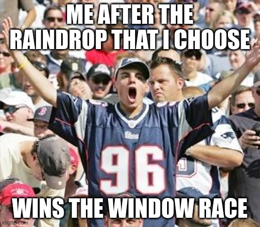 Sports Fans | ME AFTER THE RAINDROP THAT I CHOOSE; WINS THE WINDOW RACE | image tagged in sports fans | made w/ Imgflip meme maker