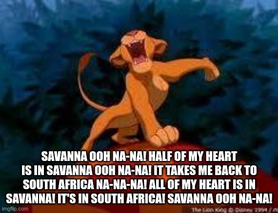 Savanna (havana parody) | SAVANNA OOH NA-NA! HALF OF MY HEART IS IN SAVANNA OOH NA-NA! IT TAKES ME BACK TO SOUTH AFRICA NA-NA-NA! ALL OF MY HEART IS IN SAVANNA! IT'S IN SOUTH AFRICA! SAVANNA OOH NA-NA! | image tagged in i just can't wait to be king | made w/ Imgflip meme maker