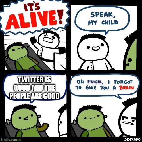 True true | TWITTER IS GOOD AND THE PEOPLE ARE GOOD | image tagged in no brain frankenstein srgrafo | made w/ Imgflip meme maker