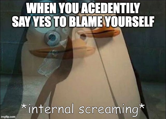 Private Internal Screaming | WHEN YOU ACEDENTILY SAY YES TO BLAME YOURSELF | image tagged in private internal screaming | made w/ Imgflip meme maker