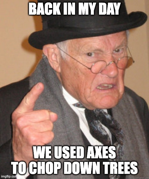 Back In My Day |  BACK IN MY DAY; WE USED AXES TO CHOP DOWN TREES | image tagged in memes,back in my day | made w/ Imgflip meme maker