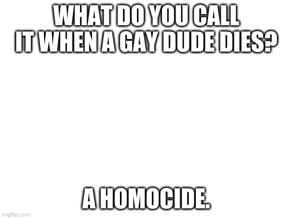 Blank White Template | WHAT DO YOU CALL IT WHEN A GAY DUDE DIES? A HOMOCIDE. | image tagged in blank white template | made w/ Imgflip meme maker