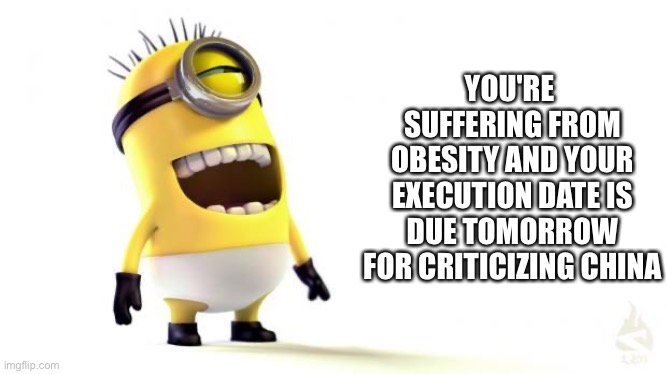 Minion Laughing | YOU'RE  SUFFERING FROM OBESITY AND YOUR EXECUTION DATE IS DUE TOMORROW FOR CRITICIZING CHINA | image tagged in minion laughing | made w/ Imgflip meme maker