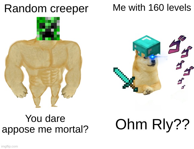 Buff Doge vs. Cheems | Random creeper; Me with 160 levels; You dare appose me mortal? Ohm Rly?? | image tagged in memes,buff doge vs cheems | made w/ Imgflip meme maker