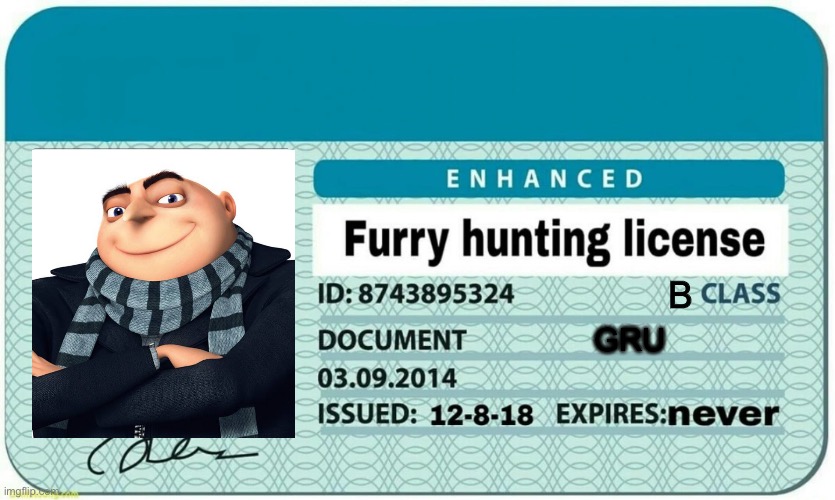 I have a pass sir | B; GRU | image tagged in furry hunting license | made w/ Imgflip meme maker