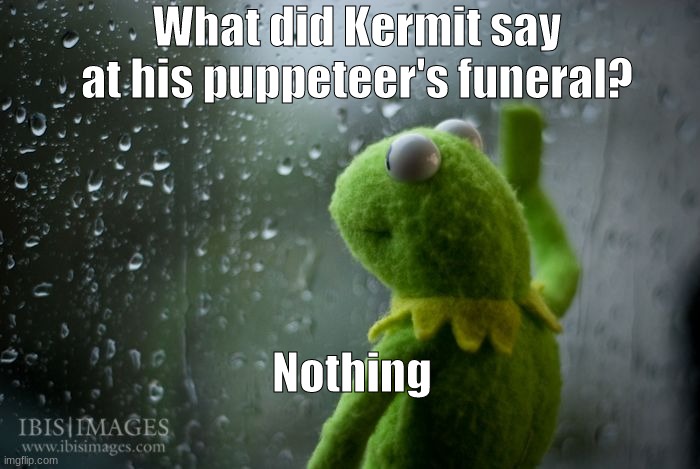 Sadness | What did Kermit say at his puppeteer's funeral? Nothing | image tagged in kermit window | made w/ Imgflip meme maker