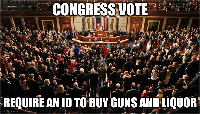 Congress | CONGRESS VOTE; REQUIRE AN ID TO BUY GUNS AND LIQUOR | image tagged in congress | made w/ Imgflip meme maker