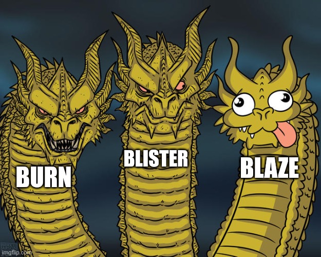 Why does this fit so well though | BLISTER; BLAZE; BURN | image tagged in three-headed dragon,wof | made w/ Imgflip meme maker