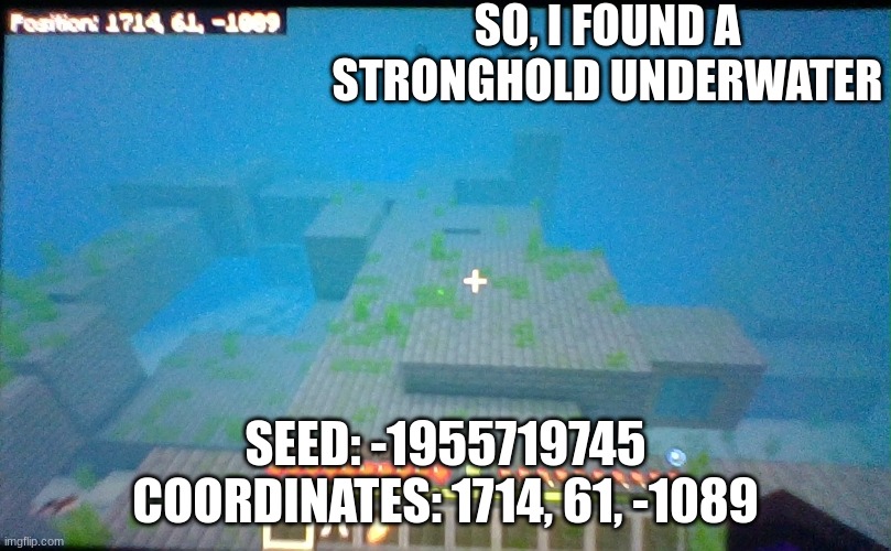 Found a cool seed in Minecraft a month back. You can have it for free! :D | SO, I FOUND A STRONGHOLD UNDERWATER; SEED: -1955719745
COORDINATES: 1714, 61, -1089 | image tagged in minecraft | made w/ Imgflip meme maker