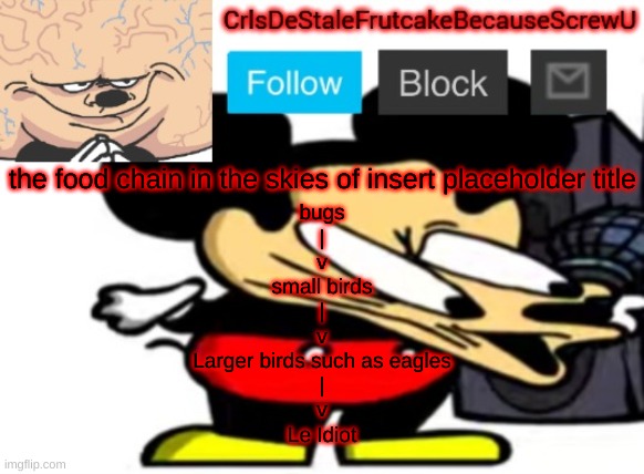 le idiot eats all | the food chain in the skies of insert placeholder title; bugs
|
v
small birds
|
v
Larger birds such as eagles
|
v
Le Idiot | made w/ Imgflip meme maker