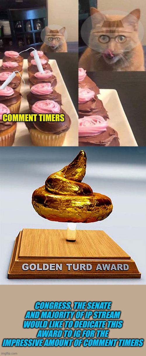 Cat glasses | COMMENT TIMERS; CONGRESS, THE SENATE AND MAJORITY OF IP STREAM WOULD LIKE TO DEDICATE THIS AWARD TO IG FOR THE IMPRESSIVE AMOUNT OF COMMENT TIMERS | image tagged in cat licking lips,golden turd award | made w/ Imgflip meme maker