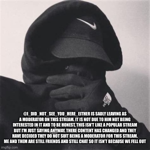 Just thought I’d say | @I_DID_NOT_SEE_YOU_HERE_EITHER IS SADLY LEAVING AS A MODERATOR ON THIS STREAM. IT IS NOT DUE TO HIM NOT BEING INTERESTED IN IT AND TO BE HONEST, THIS ISN’T LIKE A POPULAR STREAM BUT I’M JUST SAYING ANYWAY. THERE CONTENT HAS CHANGED AND THEY HAVE DECIDED THEY DO NOT SUIT BEING A MODERATOR FOR THIS STREAM. ME AND THEM ARE STILL FRIENDS AND STILL CHAT SO IT ISN’T BECAUSE WE FELL OUT | image tagged in quick thing,leaving as moderator | made w/ Imgflip meme maker