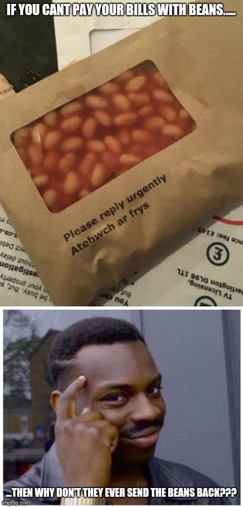 Its a legitamate question | IF YOU CANT PAY YOUR BILLS WITH BEANS..... ...THEN WHY DON'T THEY EVER SEND THE BEANS BACK??? | image tagged in knowledge is power | made w/ Imgflip meme maker