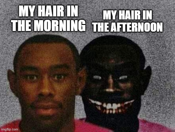 Ihatethewaymyhairworkssoimexpressingitthroughmemes.png | MY HAIR IN THE AFTERNOON; MY HAIR IN THE MORNING | image tagged in man with demon behind him,fun,memes,oh wow are you actually reading these tags | made w/ Imgflip meme maker