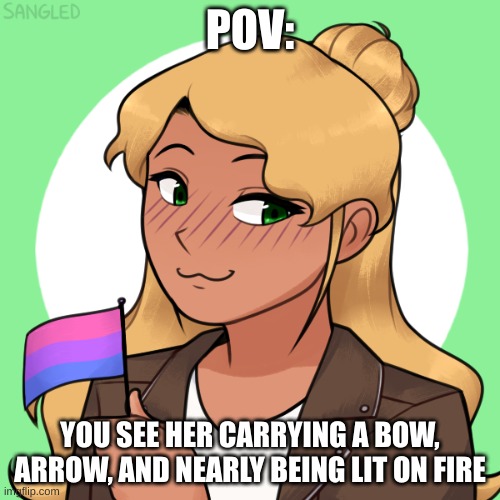 Can be gore or romance. your pick | POV:; YOU SEE HER CARRYING A BOW, ARROW, AND NEARLY BEING LIT ON FIRE | made w/ Imgflip meme maker