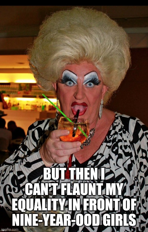 Ugly drag queen | BUT THEN I CAN'T FLAUNT MY EQUALITY IN FRONT OF NINE-YEAR-OOD GIRLS | image tagged in ugly drag queen | made w/ Imgflip meme maker