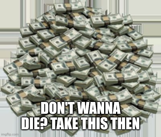 Pile of money | DON'T WANNA DIE? TAKE THIS THEN | image tagged in pile of money | made w/ Imgflip meme maker