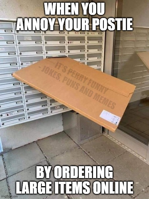 Christmas Shopping | WHEN YOU ANNOY YOUR POSTIE; IT'S PERRY FUNNY - JOKES, PUNS AND MEMES; BY ORDERING LARGE ITEMS ONLINE | image tagged in shopping,delivery | made w/ Imgflip meme maker