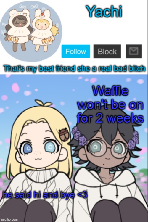 Yachi's yachi and cinna temp | Waffle won't be on for 2 weeks; he said hi and bye <3 | image tagged in yachi's yachi and cinna temp | made w/ Imgflip meme maker