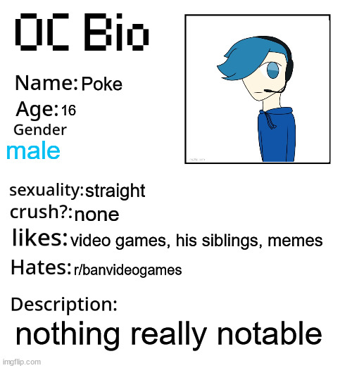 OC Bio | Poke; 16; male; straight; none; video games, his siblings, memes; r/banvideogames; nothing really notable | image tagged in oc bio | made w/ Imgflip meme maker