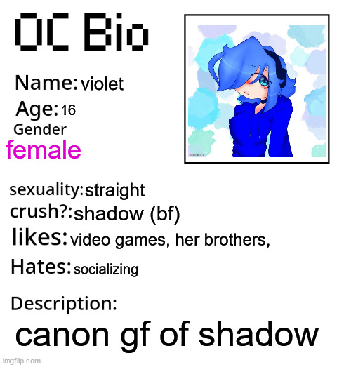 OC Bio | violet; 16; female; straight; shadow (bf); video games, her brothers, socializing; canon gf of shadow | image tagged in oc bio | made w/ Imgflip meme maker