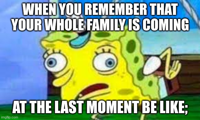 When you remember that one moment... | WHEN YOU REMEMBER THAT YOUR WHOLE FAMILY IS COMING; AT THE LAST MOMENT BE LIKE; | image tagged in funny memes | made w/ Imgflip meme maker