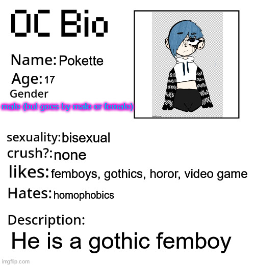 my first lgbtq oc | Pokette; 17; male (but goes by male or female); bisexual; none; femboys, gothics, horor, video game; homophobics; He is a gothic femboy | image tagged in oc bio | made w/ Imgflip meme maker