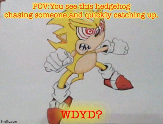 OP ocs allowed | POV:You see this hedgehog chasing someone,and quickly catching up. WDYD? | image tagged in super sonic | made w/ Imgflip meme maker