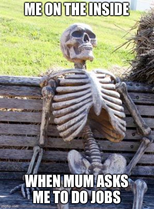 Waiting Skeleton | ME ON THE INSIDE; WHEN MUM ASKS ME TO DO JOBS | image tagged in memes,waiting skeleton | made w/ Imgflip meme maker